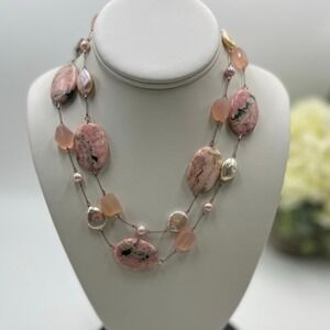 Margo Morrison Rhodonite, Opal Pink Chalcedony Pink White Pearl 925 Necklace New